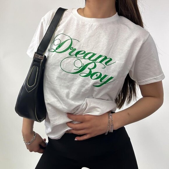 BRAND NEW CUSTOM PRINT 90s STYLE DREAM BOY CURSIVE GRAPHIC TEE SHIRT GREEN FONT - Picture 3 of 4